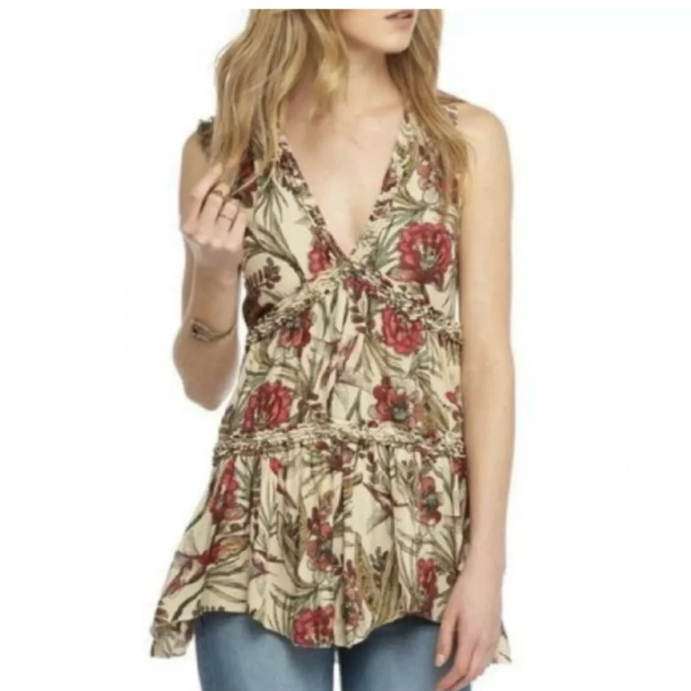 Free People Tiered Layered Floral Bird Print Blouse Top Tunic Small Boho